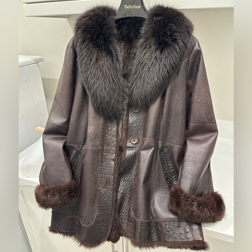 Vintage Genuine Fox and Fabbit Brown Leather Coat Size 12